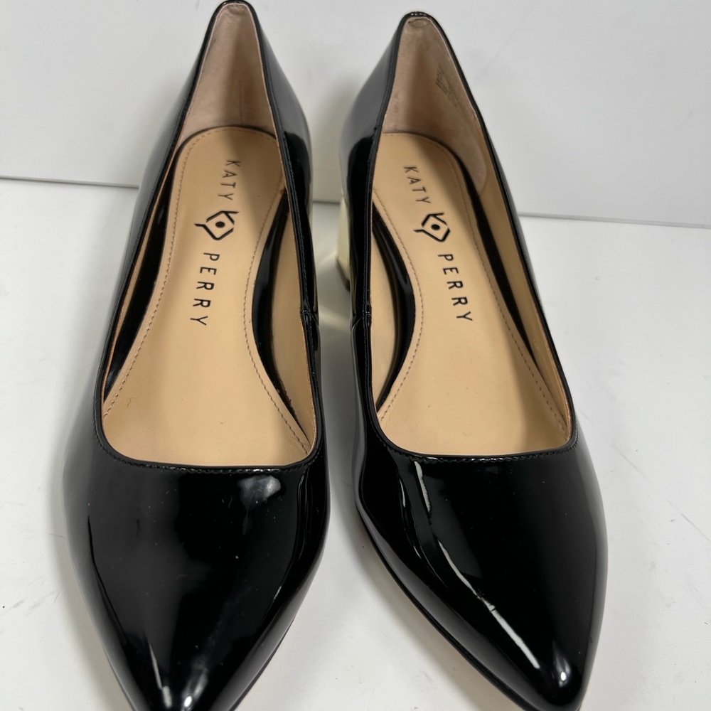 KATY PERRY The Lorenna Black Patent Gold Block Heel Pumps Size 6.5 - Picture 2 of 13